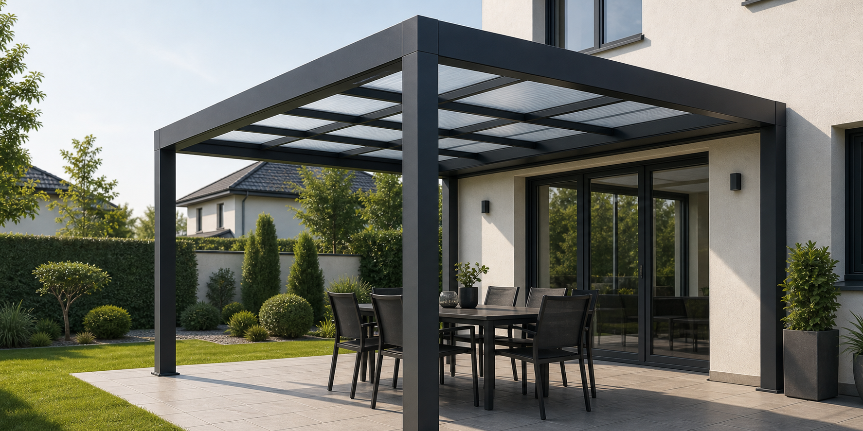Pergola stalowa przy tarasie